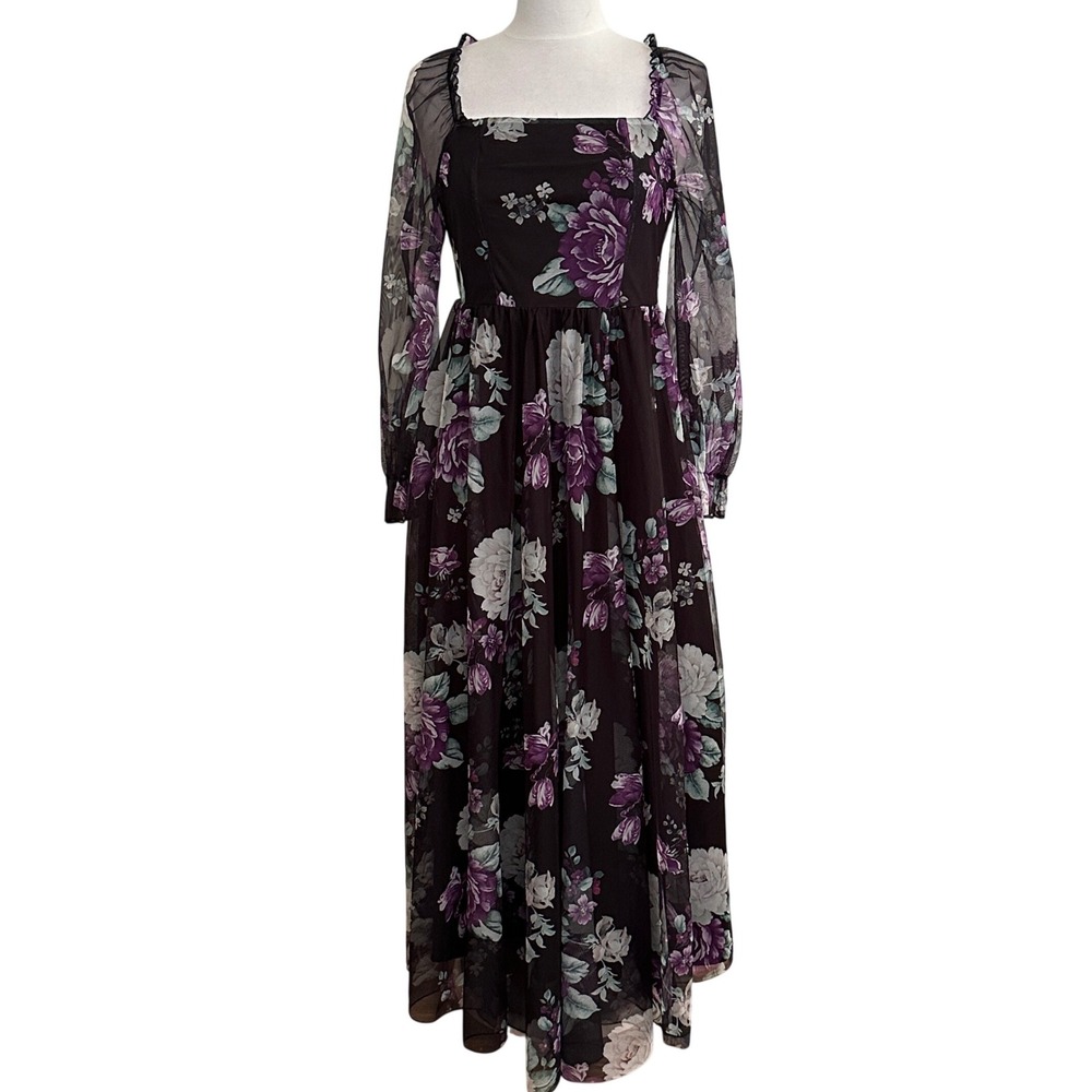 Whimsigoth Dark Romance Womens Dress L Black Purple Floral Mesh Smocked Fairy